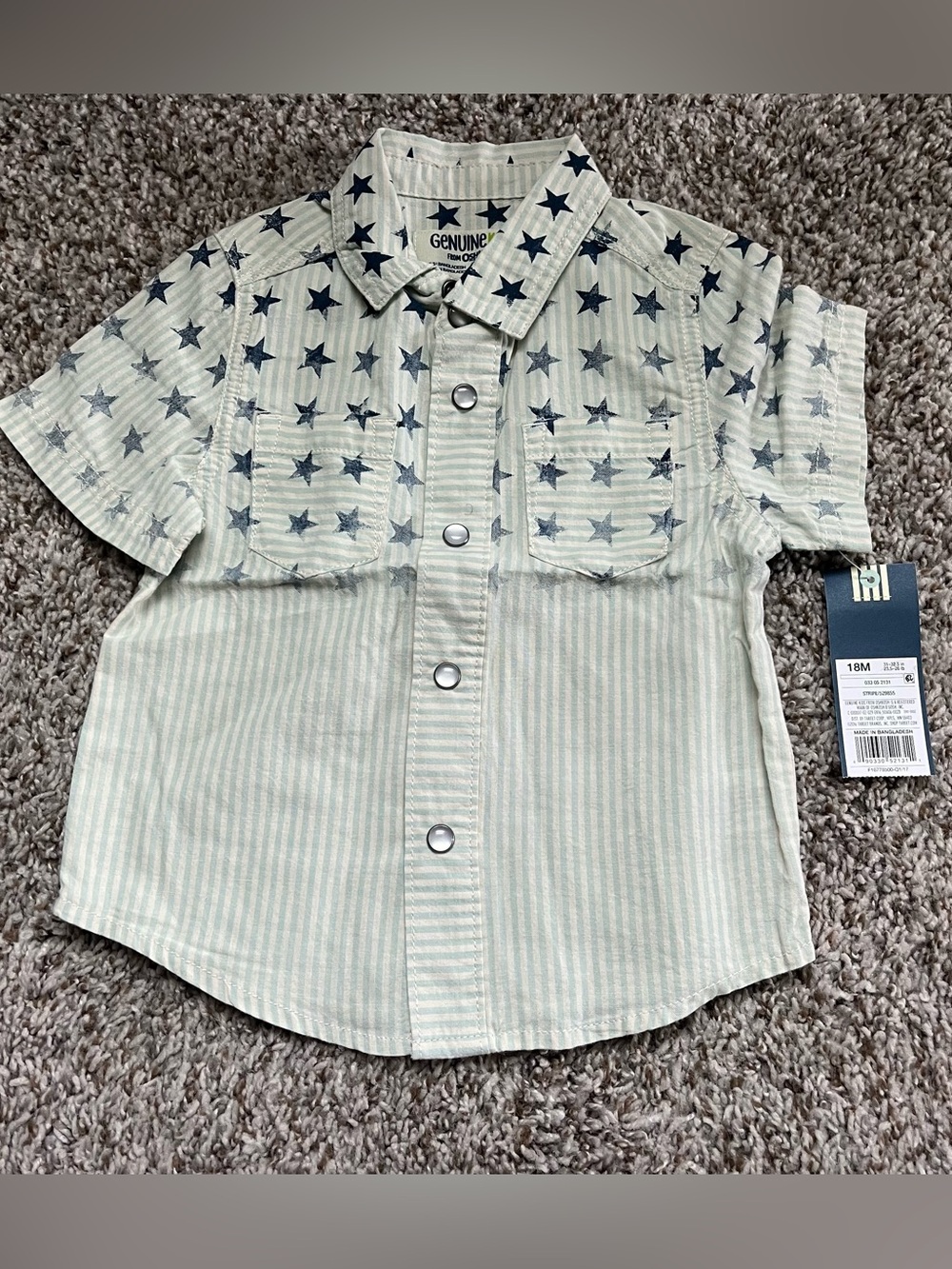 NWT 18M Light Blue & White Short Sleeve Button Up Shirt with Stars and Stripes